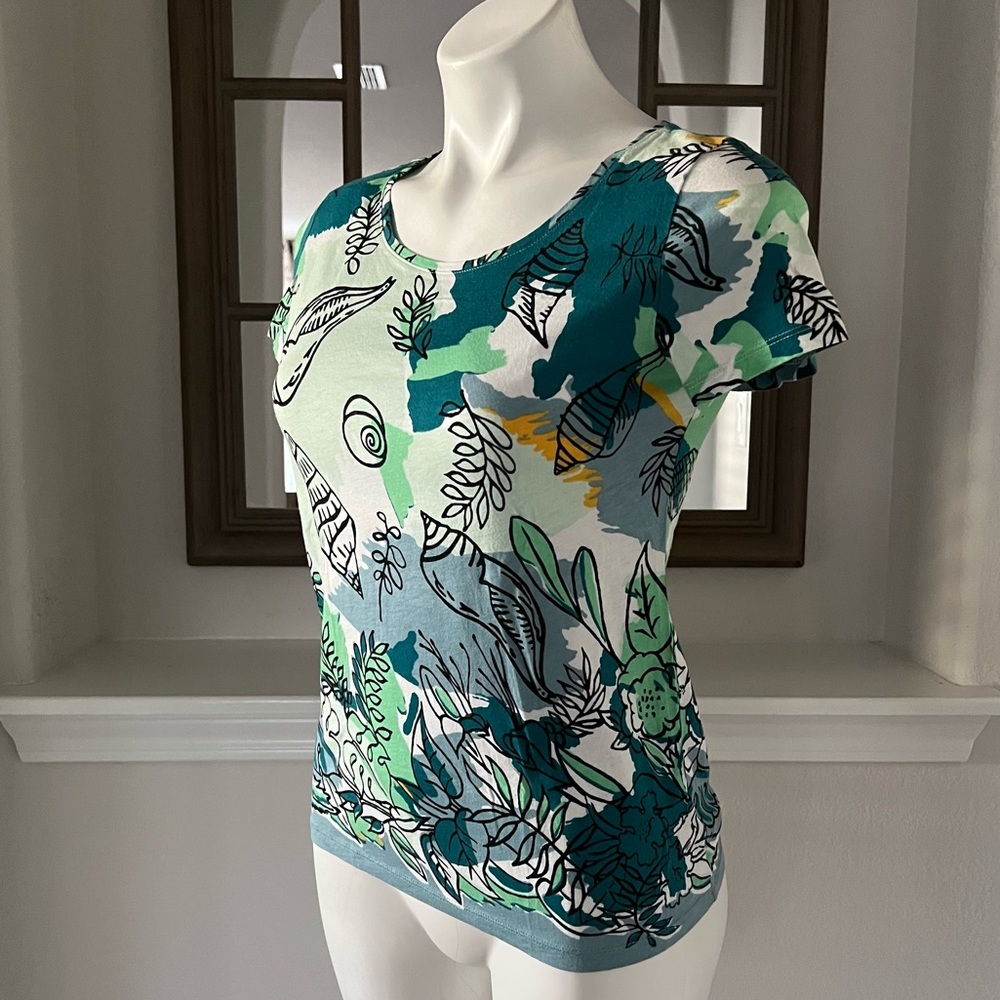 Ann Taylor Crew Neck Top Cotton Marine Green Multi Short Sleeve Size S NEW - Picture 4 of 9